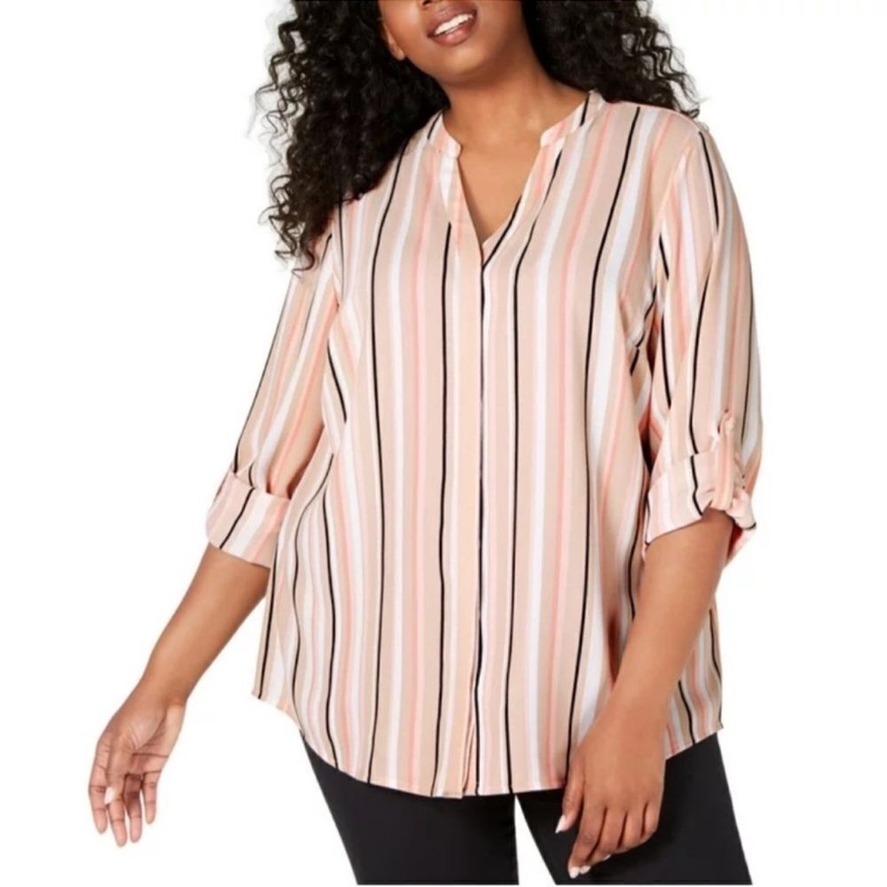 Alfani XL Blush Pink Nude White Black Vertical Stripe Long Sleeve V-Neck Blouse